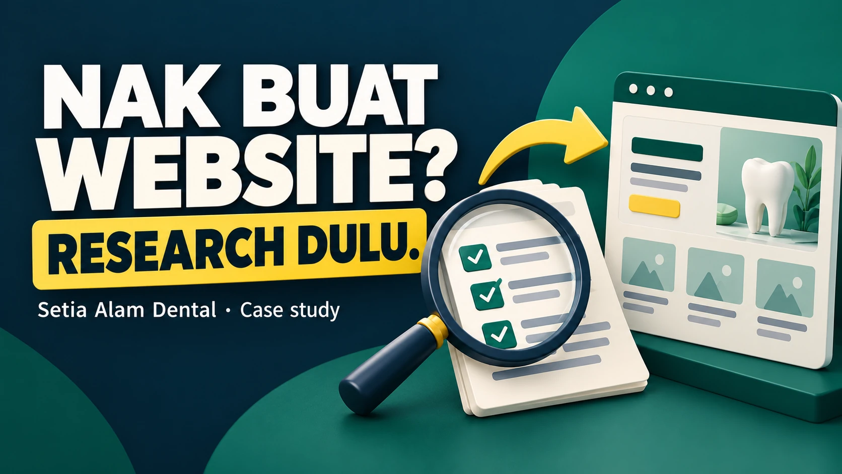 Ilustrasi AI: checklist research, kanta pembesar dan website, dengan teks Nak buat website? Research dulu.