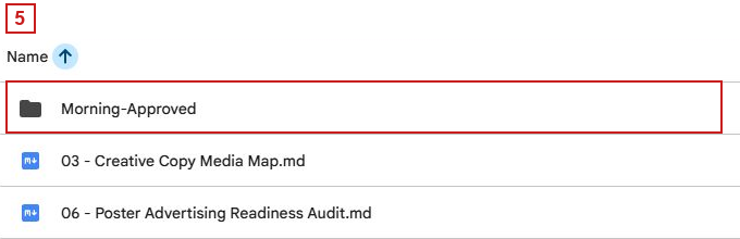Folder Creative-Execution sebenar menunjukkan Morning-Approved, Creative Copy Media Map dan readiness audit.