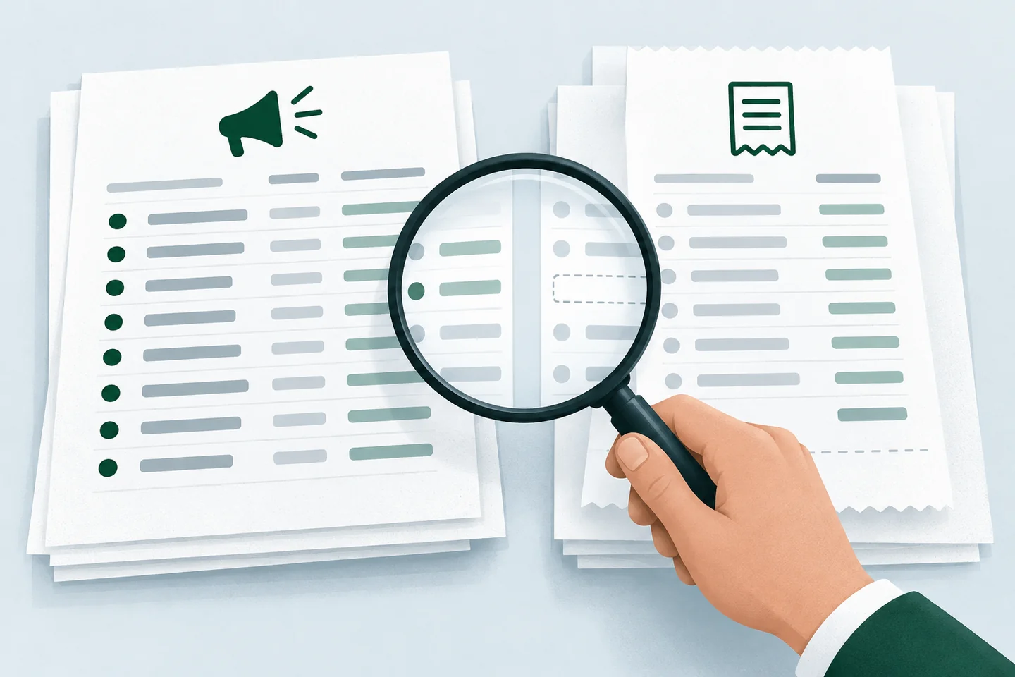 Concept illustration of ad and payment records compared through a magnifying glass to find a missing entry.